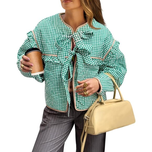 Women’s Green Plaid Quilted Cropped Jacket Tie Front Ruffled Puffer Coat - Picture 1 of 5